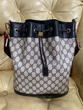 LARGE Gucci Drawstring Bucket Bag Vintage Sherry GG Monogram Web Stripe Added